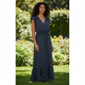 Kate & Lily Navy Polka Dot Ruffle Maxi Dress 90s‎ retro boho sz 16W